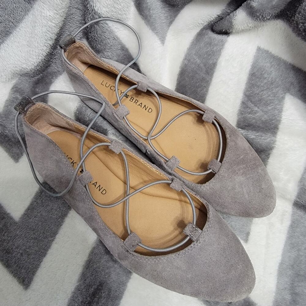 Lucky Brand Aviee Lace Up Flats Women’s 5.5 Gray Suede Pointed Toe